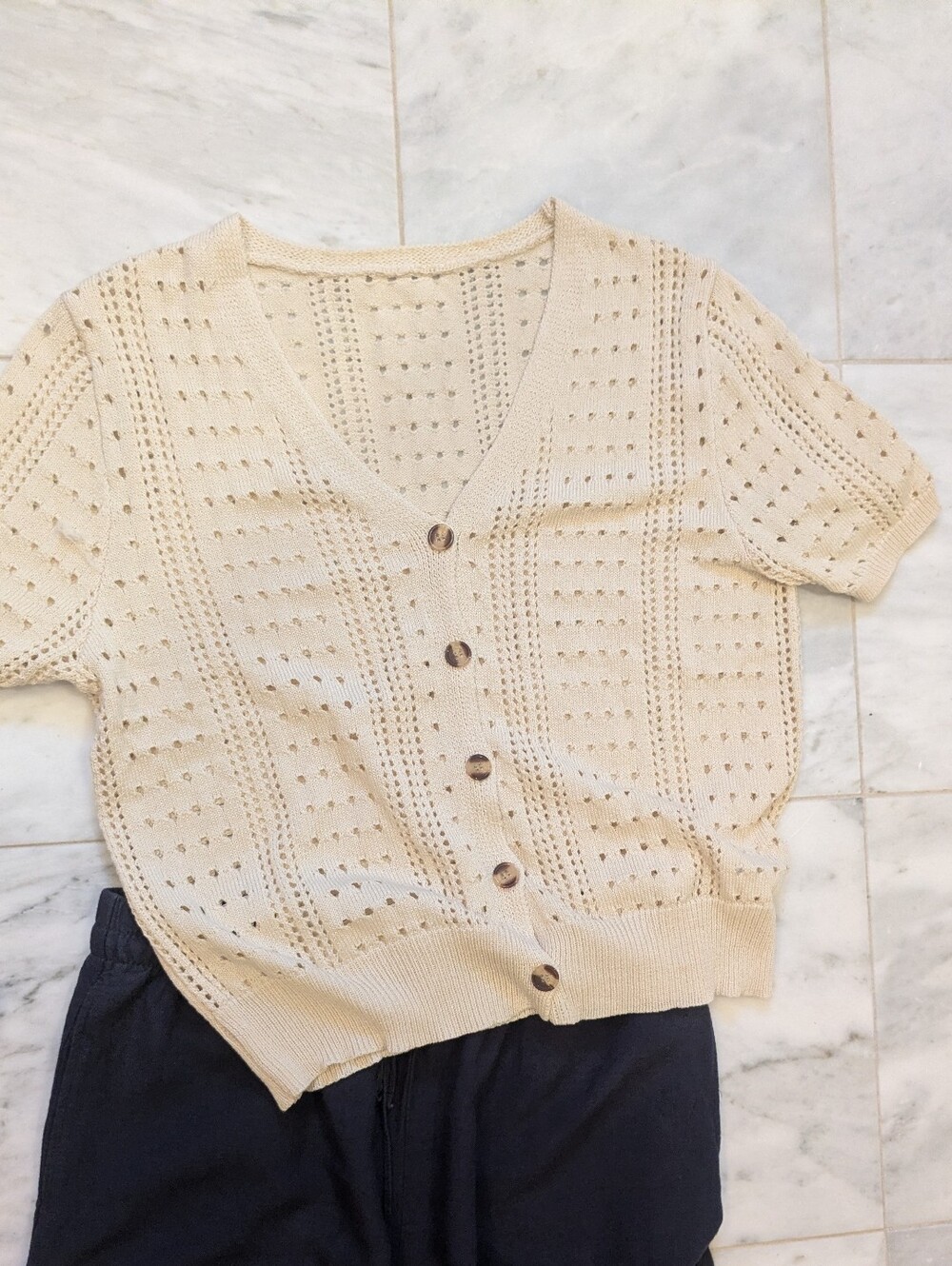 Light Cream Open-Knit Button Front Cardigan